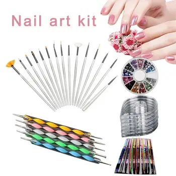 

Nail Art Kit Includes 30 Striping Tape 4Pcs Striping Roller Box 12 Colors Rhinestones 5pcs Dotting Pen 15pcs Brush Set