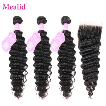 

Mealid Deep Wave Bundles With Closure Non Remy Peruvian Hair Bundles Extensions Human Hair Weave 3 4 Bundles With Closure