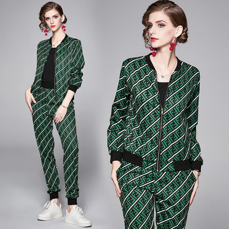 

New Autumn Winter 2 Piece Set Women Fashion Pant Suits Designer Zip-up Slim Short Jacket Coat +Loose Pants Female Work Suits