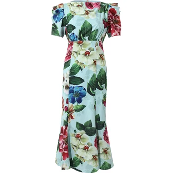 

Red RoosaRosee Designer Women Summer 2020 Floral Print Beads Short Sleeve Party Holiday Dress Mermaid Dresses Lady Robe Vestidos