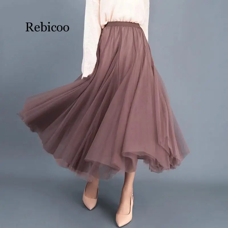 Осенне-зимняя фатиновая юбка, плиссированная длинная юбка макси, Женская юбка Jupe, серая, коричневая, черная, элегантная юбка-пачка с высокой талией, для взрослых, сетчатая юбка