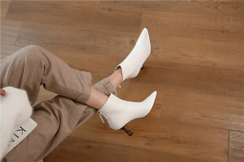 ANNYMOLI Winter Ankle Boots Women Natural Genuine Leather Kitten High Heel Short Boots Zip Pointed Toe Shoes Ladies Fall Size 39