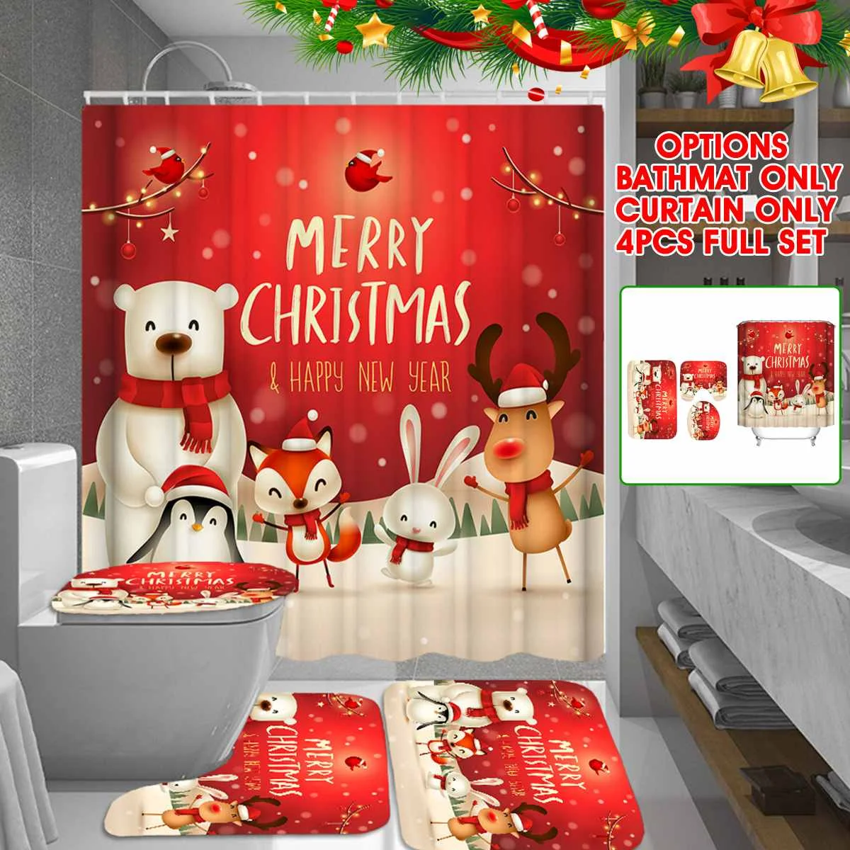 Xueqin 180x180cm Merry Christmas Print Shower Curtain Animals Bathing Floor Mat Set With 12 Hooks Waterproof Home Bathroom Decor