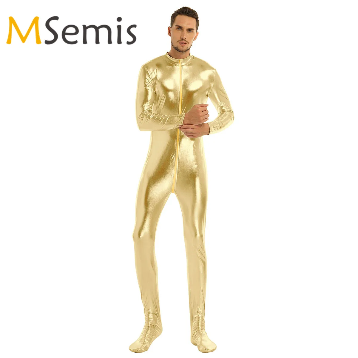 

Mens Gymnastics Leotard Dance Costume Shiny Metallic Long Sleeves Closed Toe Stretchy Male Full Body Leotard Bodysuit Clubwear
