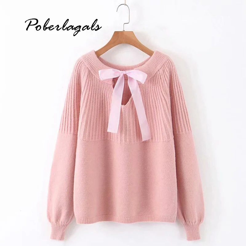 Pull femme, свободные модные свитера, женские пуловеры, Осень-зима, корейский пуловер с бантом, вязаный женский свитер, женский джемпер