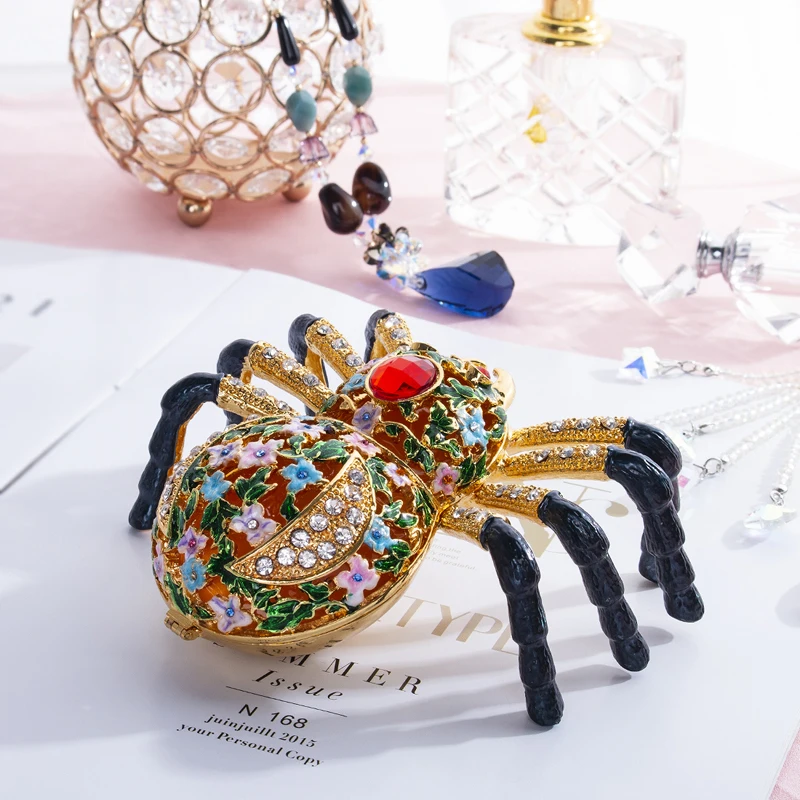 H&D Hand-painted Hinged Spider Trinket box With Crystals Enamel Animal Decor Aranchnid Figurine Collectible Jewelry Storage Gift