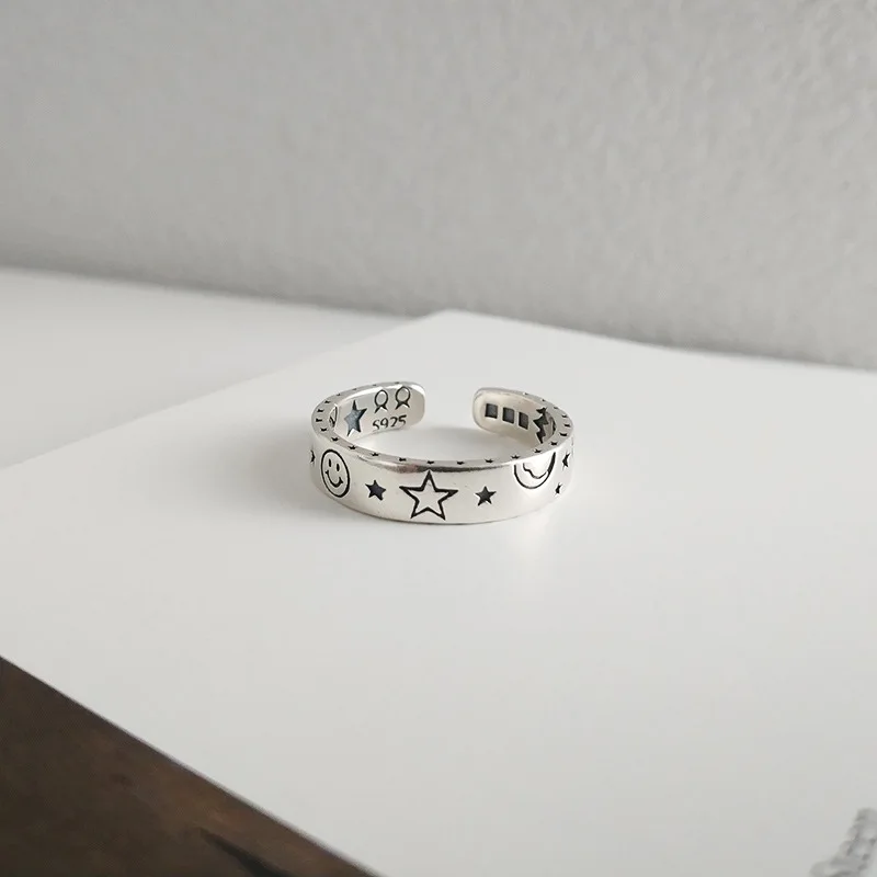 

Retro 100% Authentic 925 sterling silver Moon Star engraved boy&Girl Band Rings adjust TLJ914