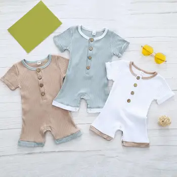 

bunvel 0-2Years Toddler Newborn Baby Girls Boys Rompers Button Slide Striped Short Sleeve Jumpsuit Jumpers Infant Clothing