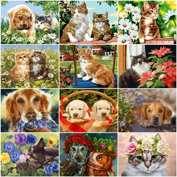 

HUACAN Painting By Number Flower Cat Handpainted Home Decor Pictures By Number Dog Animal Drawing Canvas Wall Art Handmade Gift