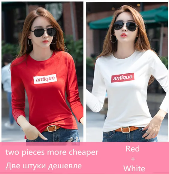 red and white Новая Осенняя Футболка женская хлопковая футболка с длинным рукавом для женщин с принтом букв красная женская футболка повседневные топы футболки Camisetas Mujer - Цвет: red and white