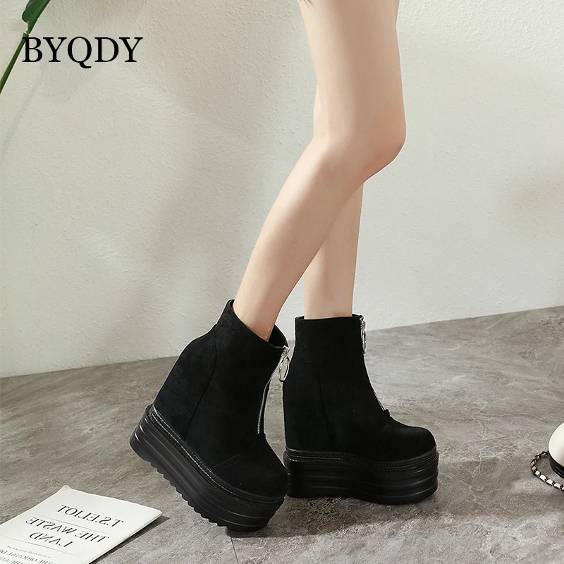 

BYQDY Autumn Winter Woman Boots Increasing Height Front Zipper Ultra High Heels Platform Ankle Boots para mulheres Black Shoes