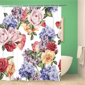 

Bathroom Shower Curtain Colorful Summer Floral Pattern Roses Watercolor Green Abstract Accent Polyester Fabric Waterproof Bath