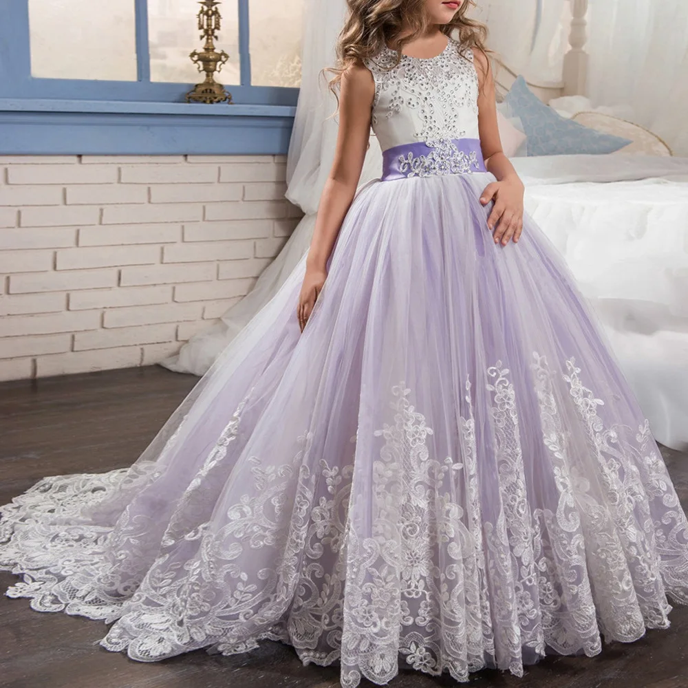 Элегантное свадебное платье с лепестками жемчуга для девочек праздничное платье принцессы с длинными рукавами, кружевной тюль для детей 3