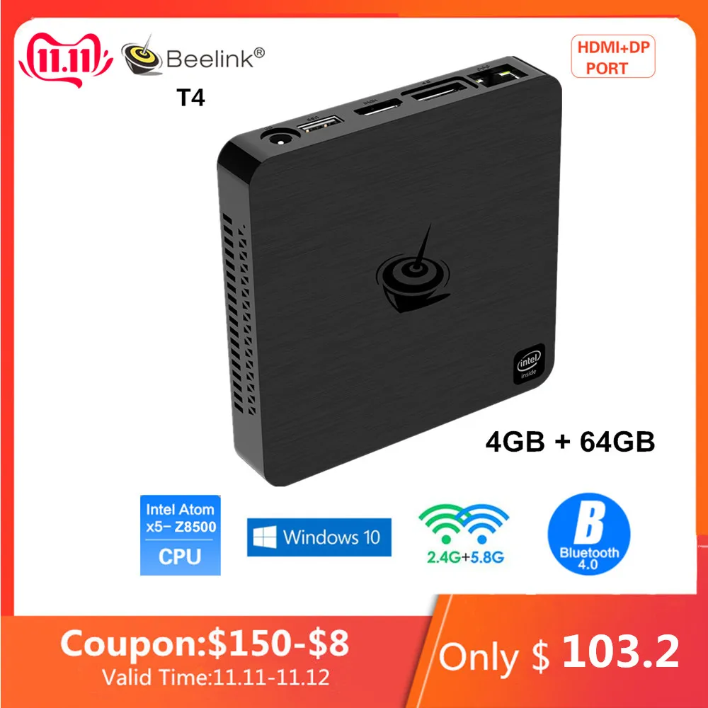 

Beelink T4 Mini PC Intel Atom x5-Z8500 Windows 10 New Desktop PC 4GB+64GB 2.4/5.8GHz WiFi BT4.0 HDMI+DP Dual Display