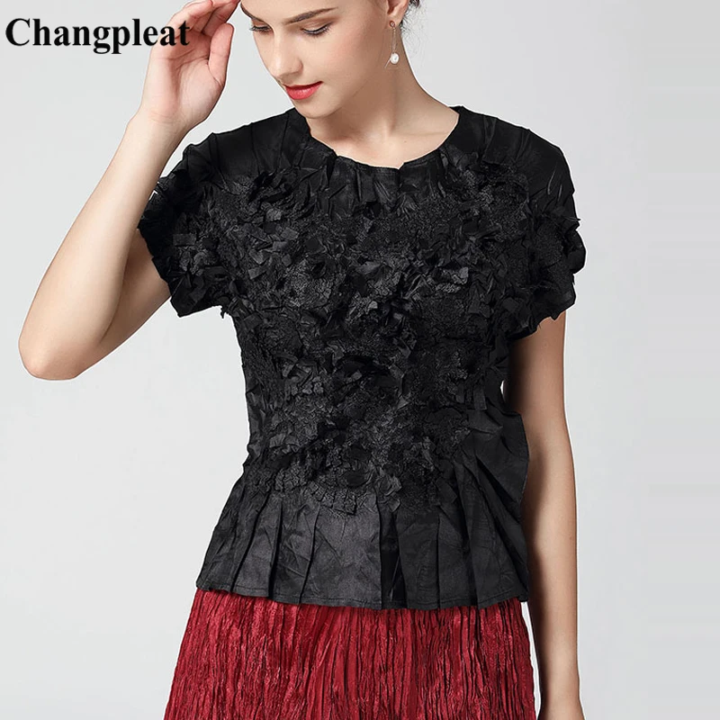 Changpleat, летняя коллекция, новые женские топы, футболка Miyak, плиссированная, модный дизайн, однотонный, Круглый ворот, тонкий, короткий рукав, женские футболки
