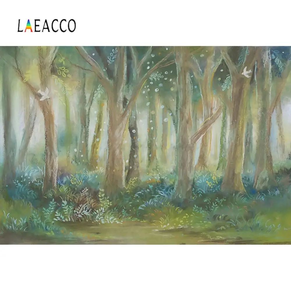 

Laeacco Jungle Forest Tree Dreamy Green Grass Wonderland Cartoon Scenic Photographic Background Photo Backdrops For Photo Studio