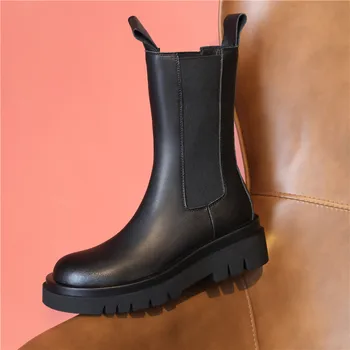 

New Autumn Winter All-Match Platform Chelsea Boots Ankle Booties Black White High-Top Thick Bottom Heel Women Shoes Size 34-43