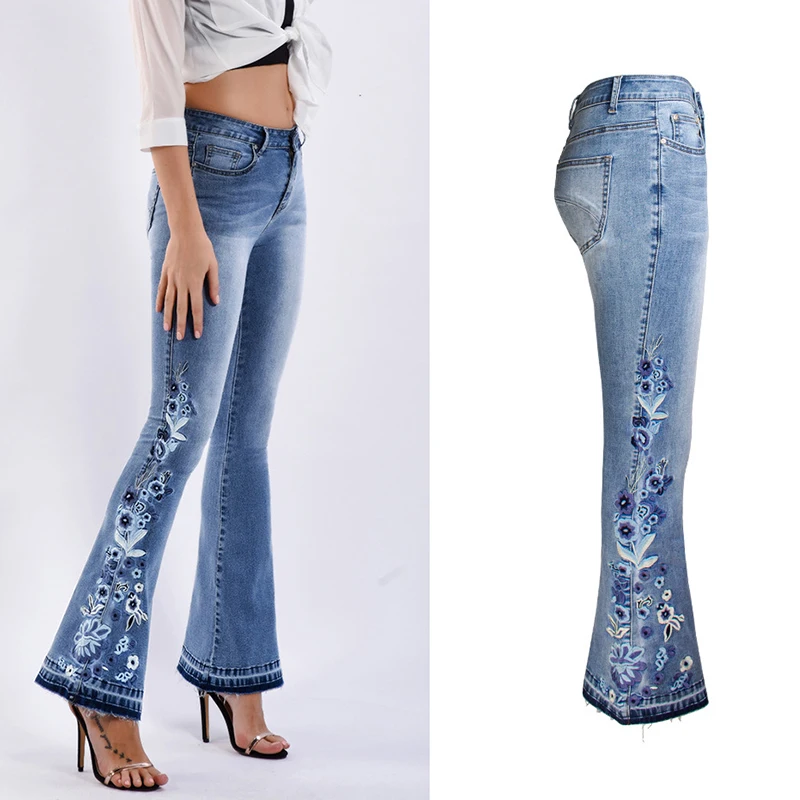 

Women's Denim Jeans Fashion Embroidered Washed Plus Size Long Flared Jeans