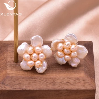 

XlentAg Natural Fresh Water Baroque Pearl Flower Stud Earrings For Women 925 Sterling Silver Earrings Luxury Fine Jewelry GE0657