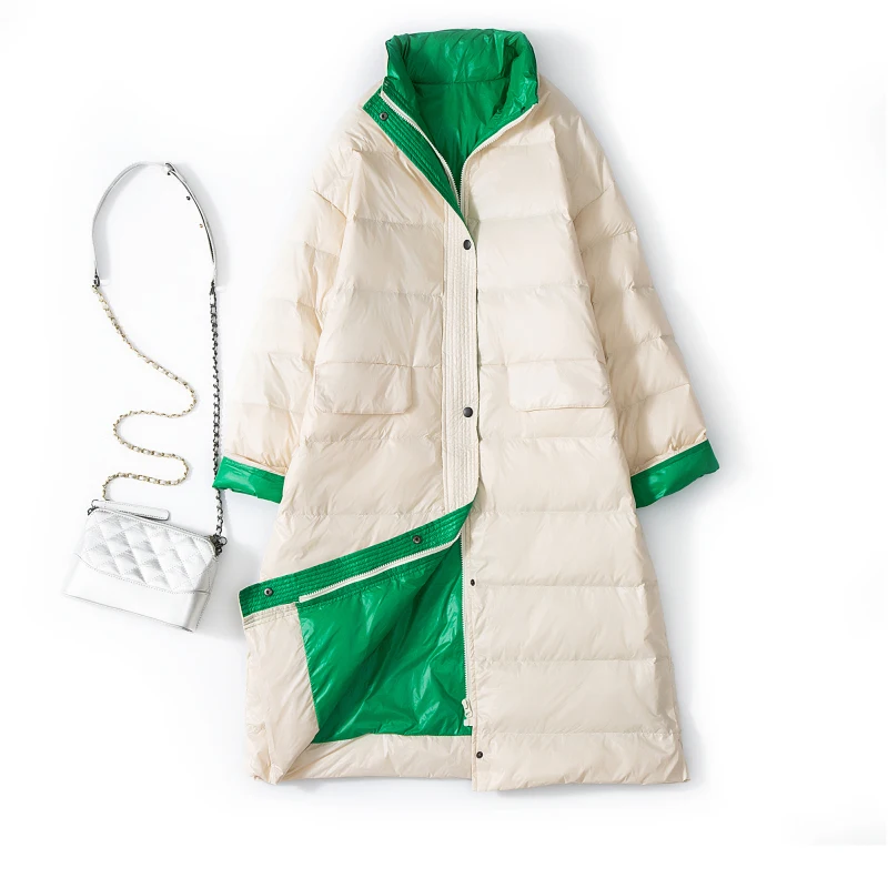 FTLZZ новое зимнее длинное пальто для женщин ультра легкий белый пуховик женский свободный ветрозащитный пуховик