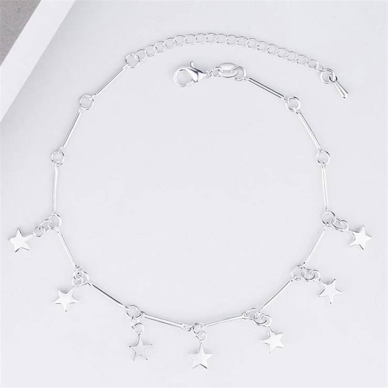 KOFSAC New 925 Sterling Silver Anklets For Women Charm Pentagram Ankles Chain Bracelets Girl Barefoot Sandal Beach Foot Jewelry