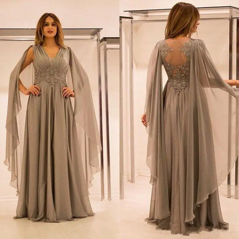 

Sexy Dubai Mother Of The Bride Dresses V Neck Floor Length Chiffon Sheer Back Arabic Mom Evening Gowns With Appliques 2019