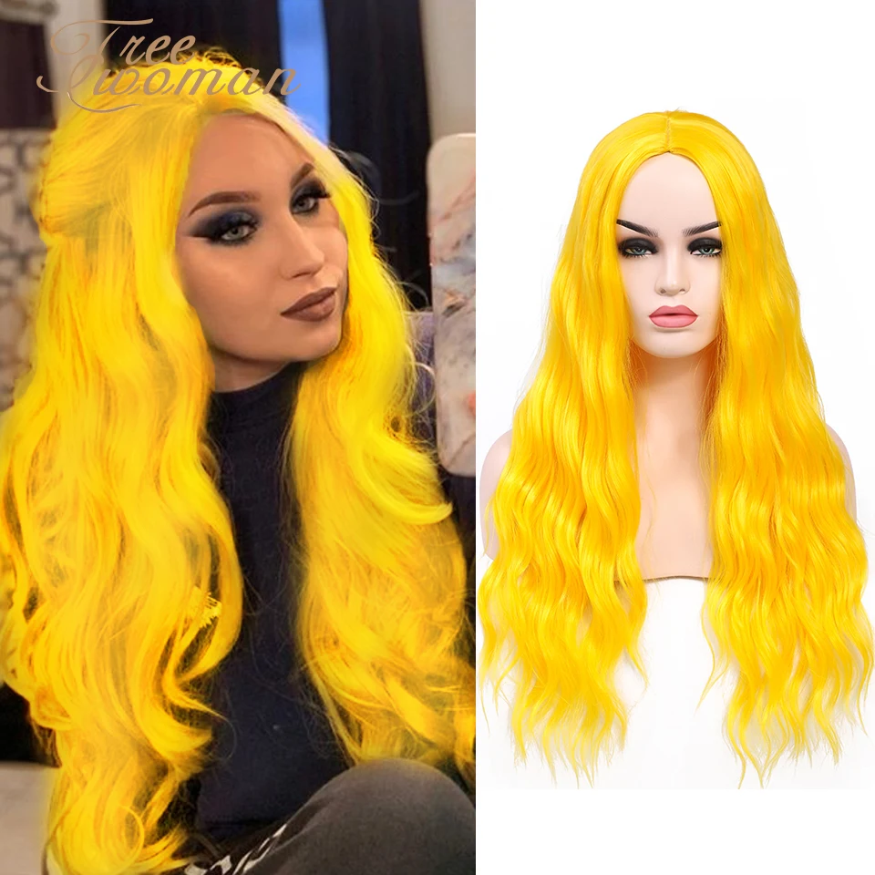 

FREEWOMAN 24in Long Water Wave Synthetic Wigs For Women Colorful Fake Hair Yellow Wig Heat Resistant Natural Blue Black Wig