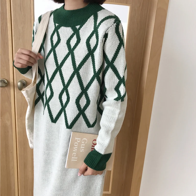 

Diamond Geometry Women Knitting Dress Autumn Winter Warm Clothing Women Casual Loose Long Sleeve o Neck Sweater Dress Red Green