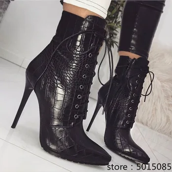 

Snakeskin grain Ankle Boots For Women High heels Fashion Pointed toe Ladies Sexy shoes New Lace-Up Boots 2019