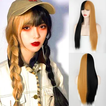 

Lolita Cosplay wig half Black half Yellow Wig Long Streight wig Cosplay Wigs Two Tone Ombre Color For Women Girl Wigs