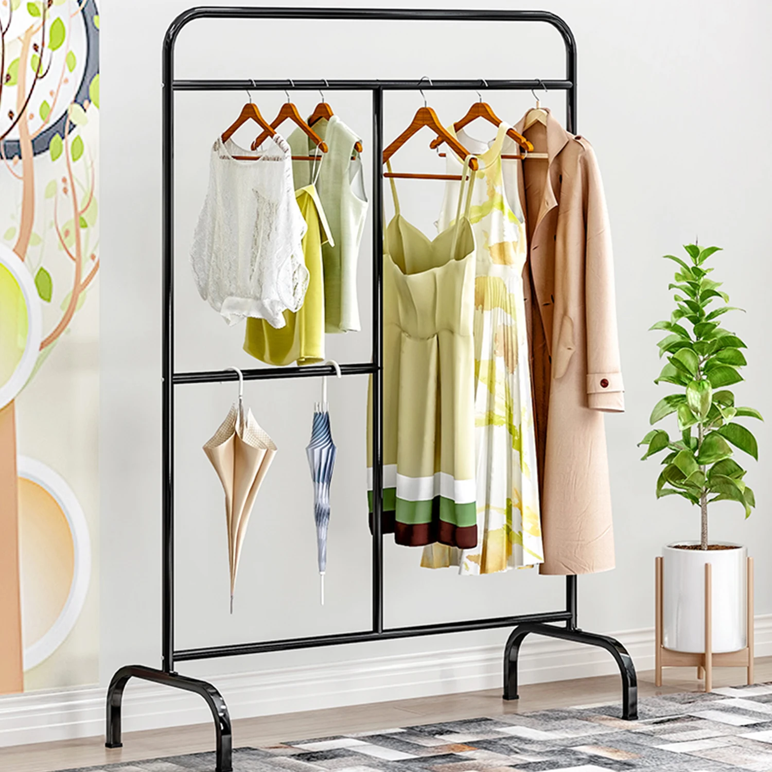  Bedroom Storage Clothing Rack Steel Rod Hanging Clothes Garment Rack Organizer Indoor Hanger 2 Hang - 4000469591558
