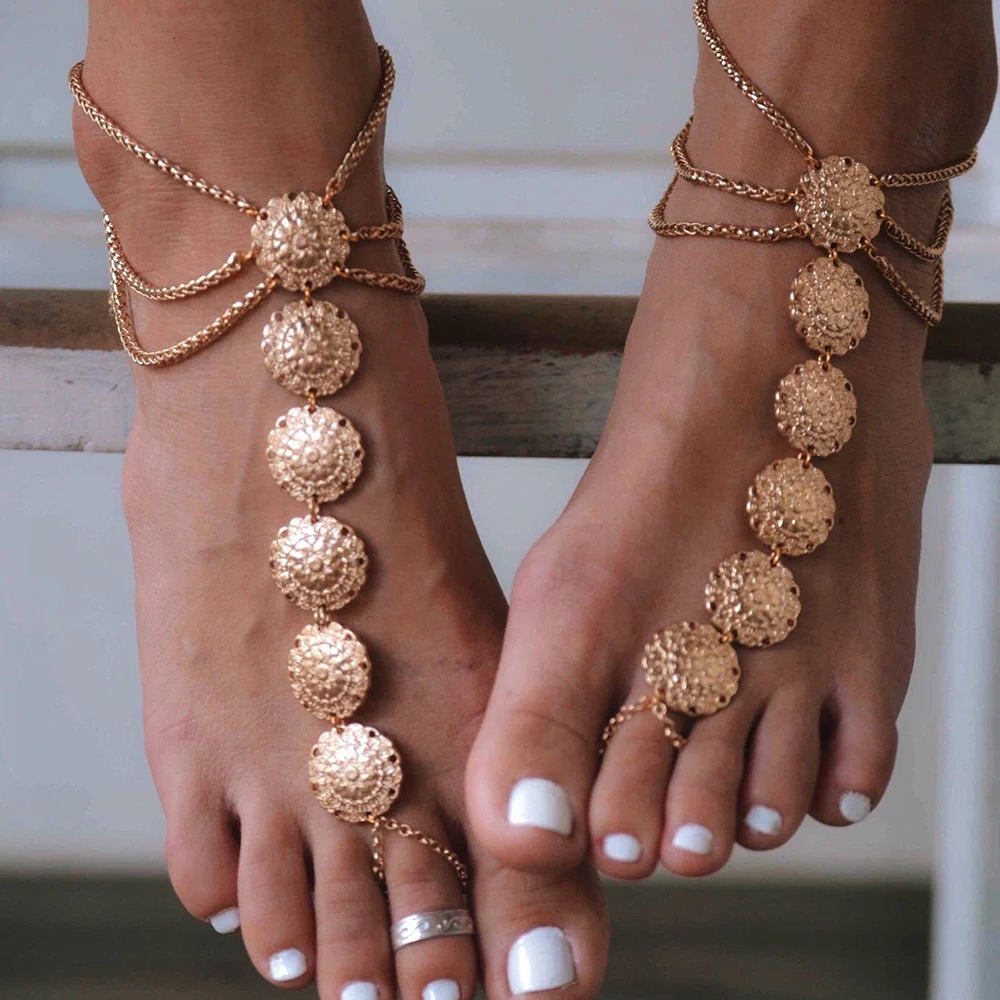 Meyfflin, 1 шт., богемные браслеты на лодыжку с монетами для женщин, сандалии на босиком, ювелирное изделие, очаровательный браслет-цепочка на лодыжку, Cheville Femme