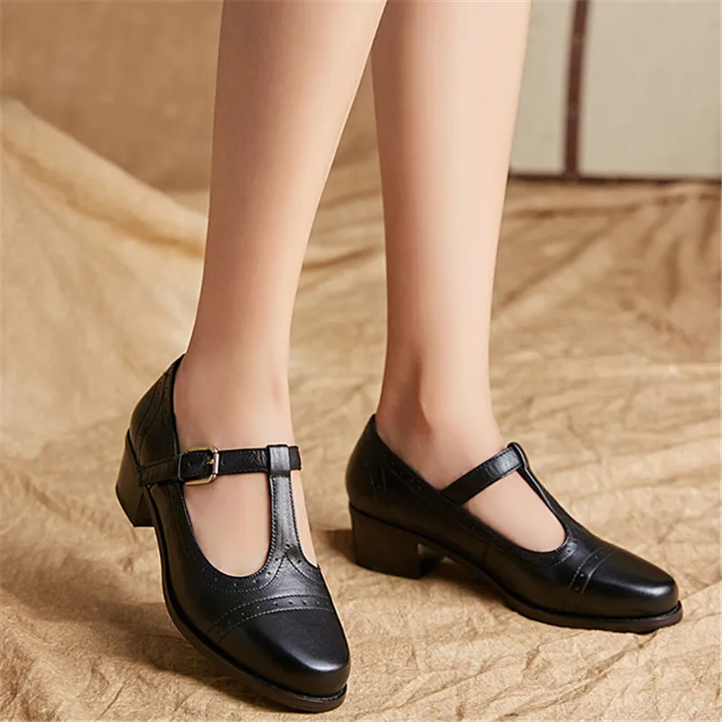 Vintage Round Toe Ankle T Strap Ladies 