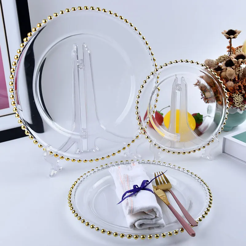 Factory 8 Inch Gold Silver Rim Clear Beaded Point Glass Dish Charger Plate