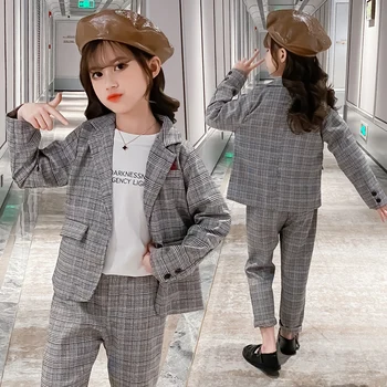 

Teenage Girls Clothing Sets 2020 Christmas Autumn 2pcs Suit For Girls Clothes Fashion Kids Costume Plaid Blazer + Pants 10 12 14