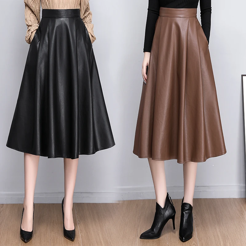 mini skirts for women Medium Long Pu Leather Skirt Womens High Waist Elegant Fashion A Line Pleated Skirts Vintage Office Ladies Midi Skirts 2021 New nike tennis skirt