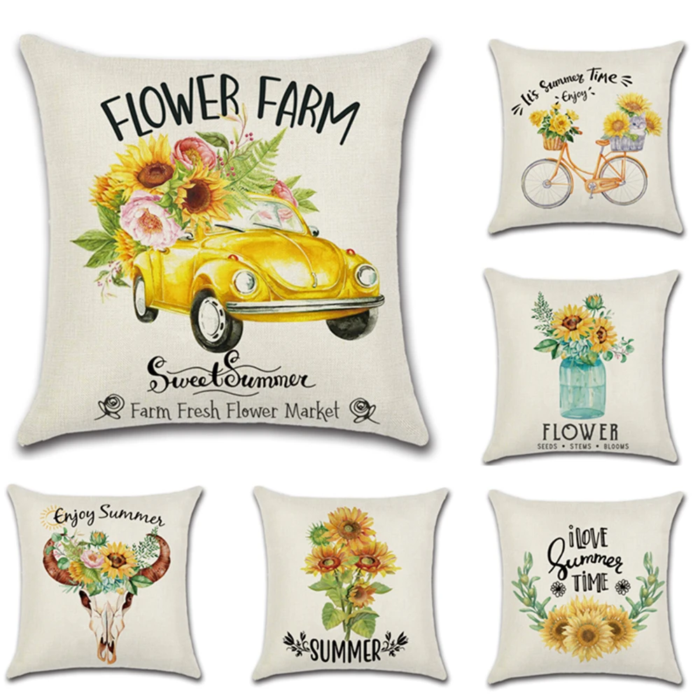 Hello Summer Cushion Cover Sunflower bike Pillow Happy Time Holiday Farm Gift With Square Burlap | Дом и сад