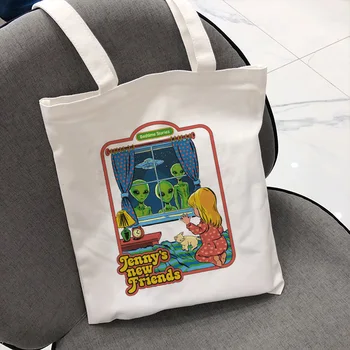 

Summer New Fun Ulzzang Canvas Bag Alien Spoof Cartoon Print Handbag Casual Female Bag Large Capacity Harajuku Shoulder Bags