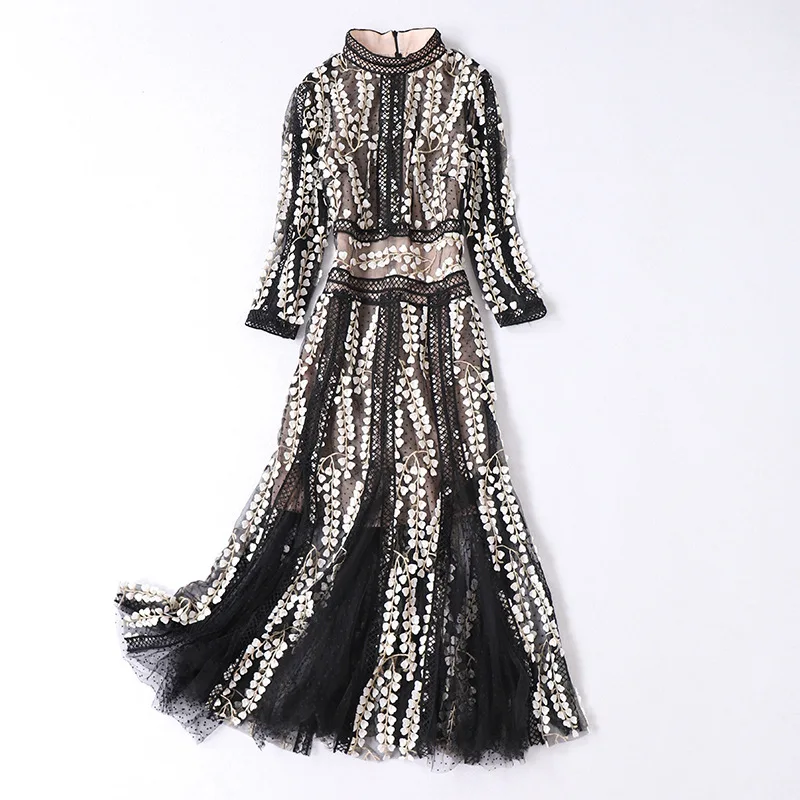 

2020 autumn new mesh round neck seven-point sleeve stitching autumn and winter dress female