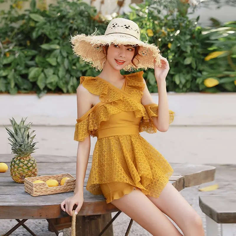

2019 Swimsuit Women's Split Skirt-Two-Piece Set Ginger Lace Small Bust Gathering Slimming Belly Covering Hot Springs Swimwear