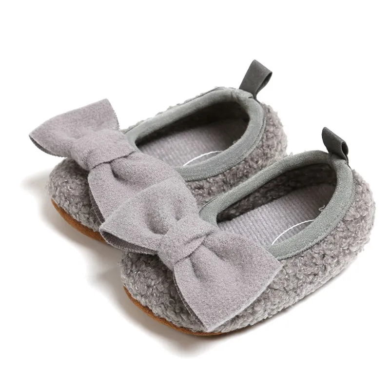 Baby Girl Breathable Plush Bowknot Anti-Slip Casual Sneakers Toddler Soft Soled Walking Shoes - Цвет: gray