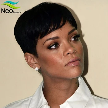 

Pixie Cut Wig Human Hair Wigs Breathable Net Wigs With Bangs Natural Short Cut Black Wig Cheap Human Hair Wig With Free Shipping