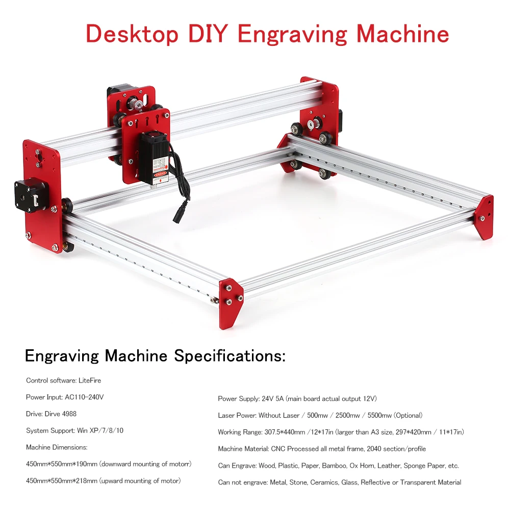 DIY настольный мини лазерный гравировальный станок LiteFire A3 программное обеспечение 500 МВт/2500 мвт/5500 МВт 3040 металлическая рама ЧПУ маршрутизатор