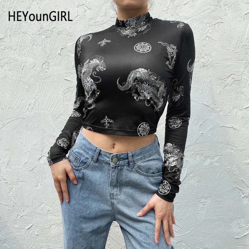 HEYounGIRL/черная футболка с принтом дракона в стиле Харадзюку; женская Повседневная Уличная укороченная футболка; женская модная Готическая футболка с длинными рукавами