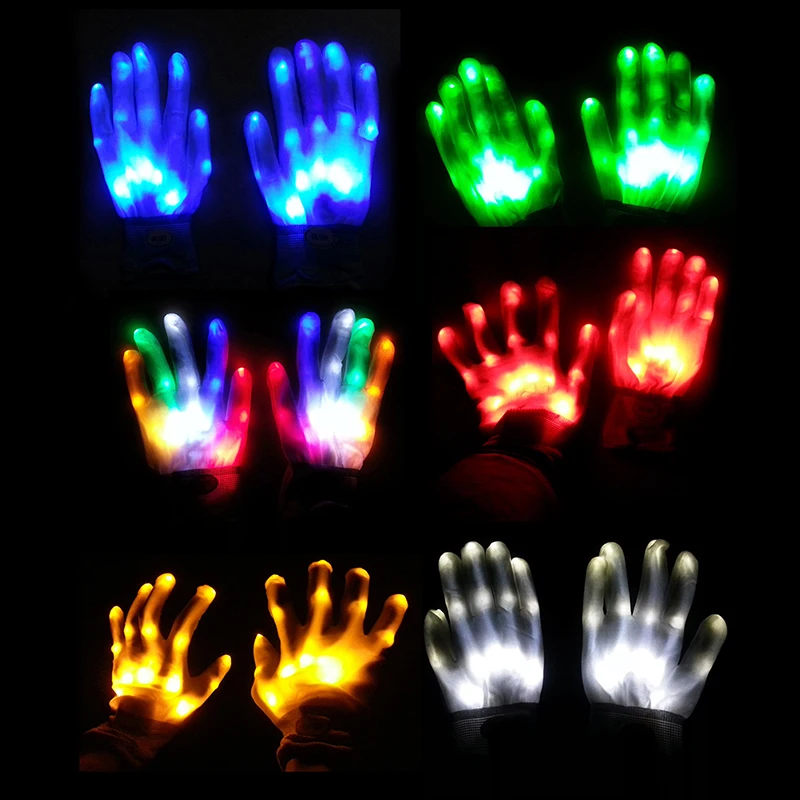 1 Pair LED Rave Flashing Gloves Glow 7 Mode Light Up Finger Lighting Black Gift 