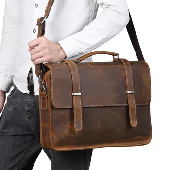 

Men's Bag Crazy Horse Leather Men Perfect Quality Briefcase Laptop Bag for 15 Inch Male Business Shoulder Bags Large Capacity