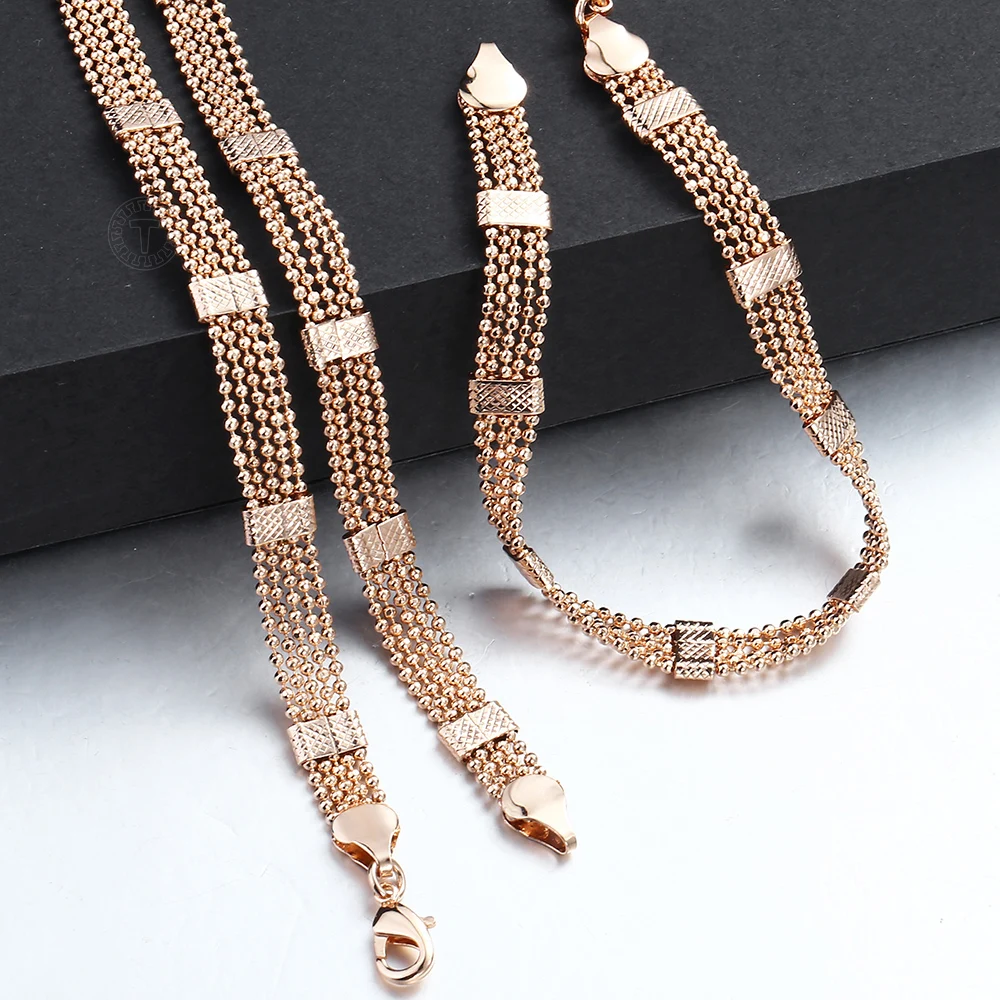 Fashion Jewelry Set for Women 585 Rose Gold Braided Foxtail Bead Link Chain Necklace Bracelet Set Wedding Jewelry Gift CS16A