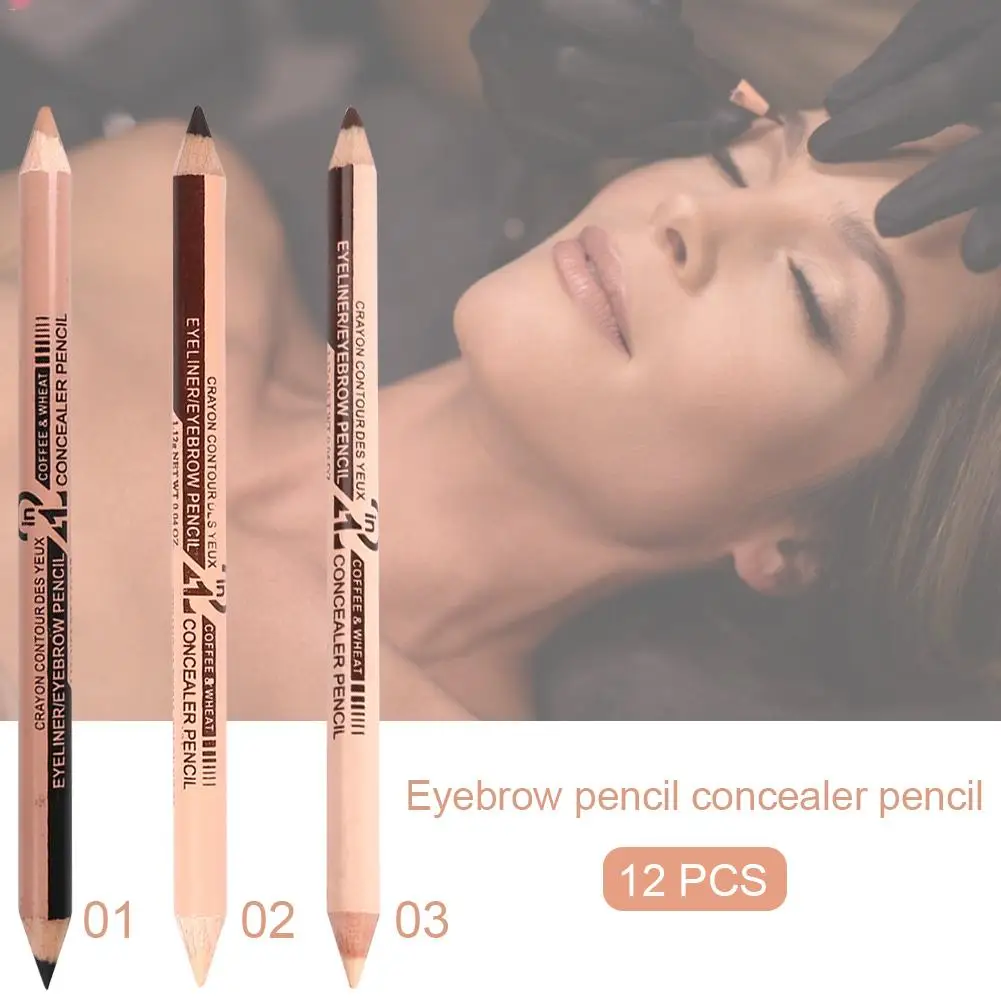 New Hot 12pcs/lot Waterproof Longlasting Cosmetic 2 In 1 Pencil Makeup Concealer+Eyebrow Pencil Two-head Pencils Manufacturer
