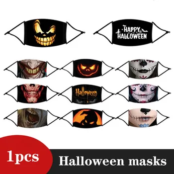 

Washable Skull Mouth Mask with Filter for Halloween Party Half Face Mask Dust Smiley Printing Reusable Mouth Caps Man Woman