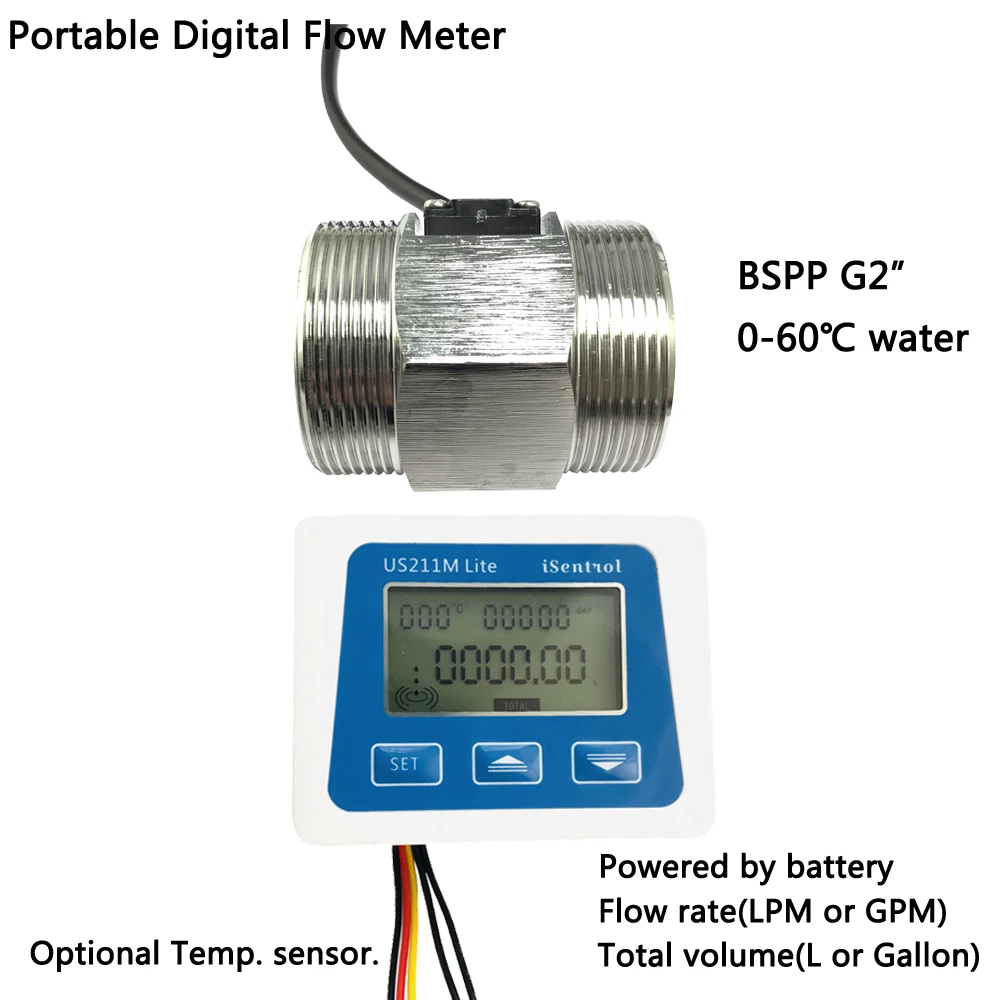 US211M Lite Portable Digital Flowmeter and Turbine Water Flow Sense BSPP G2" SUS304 USS-HS20TA 10-200LPM Cold Sensor iSentrol |